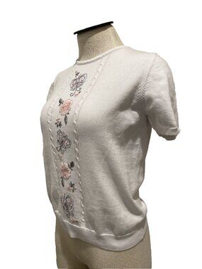 Alfred Dunner Shirt Top Women's Petite Medium Floral Light White Embroidered